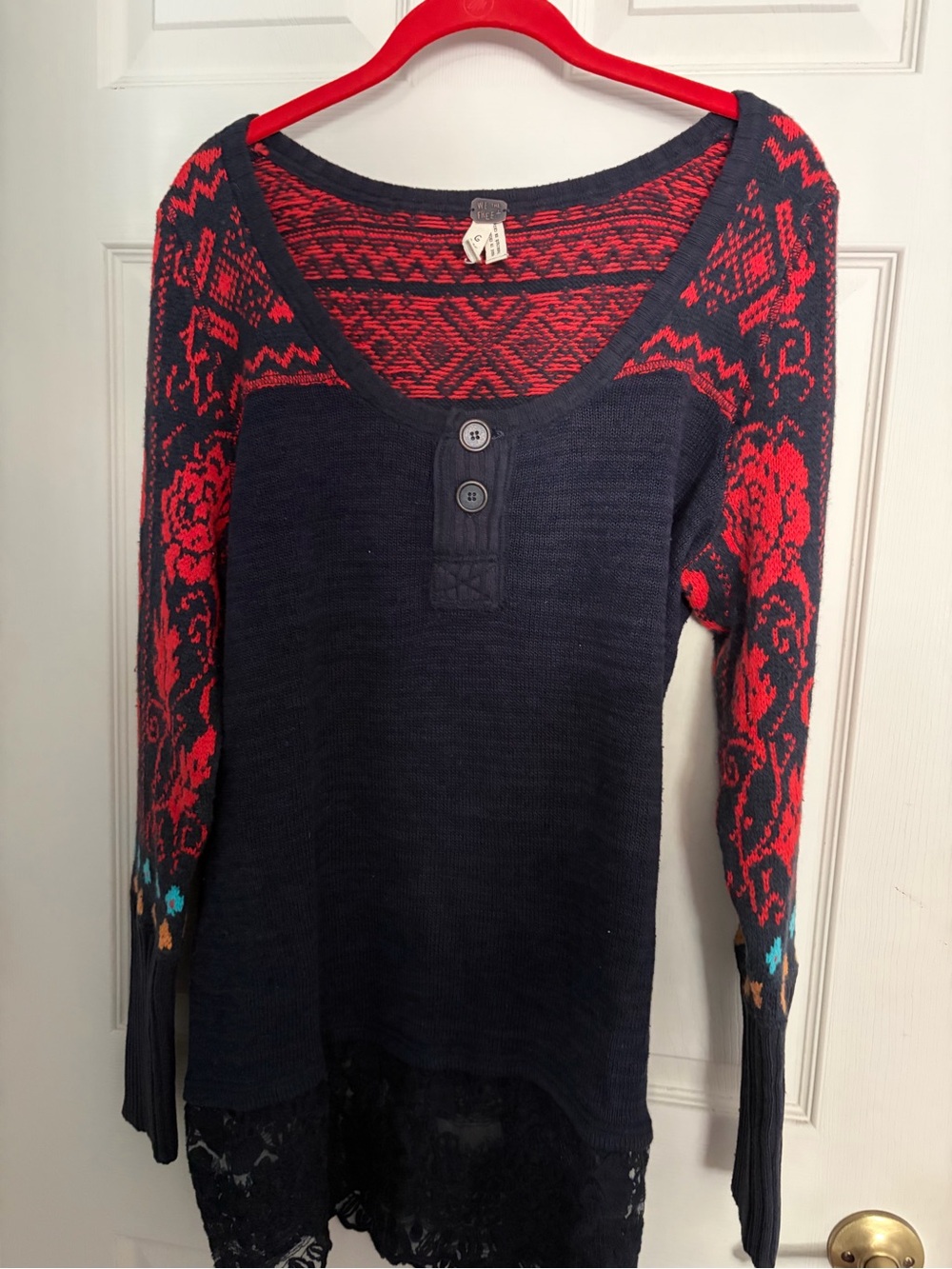 We The Free Navy and Red V-Neck Henley Sweater